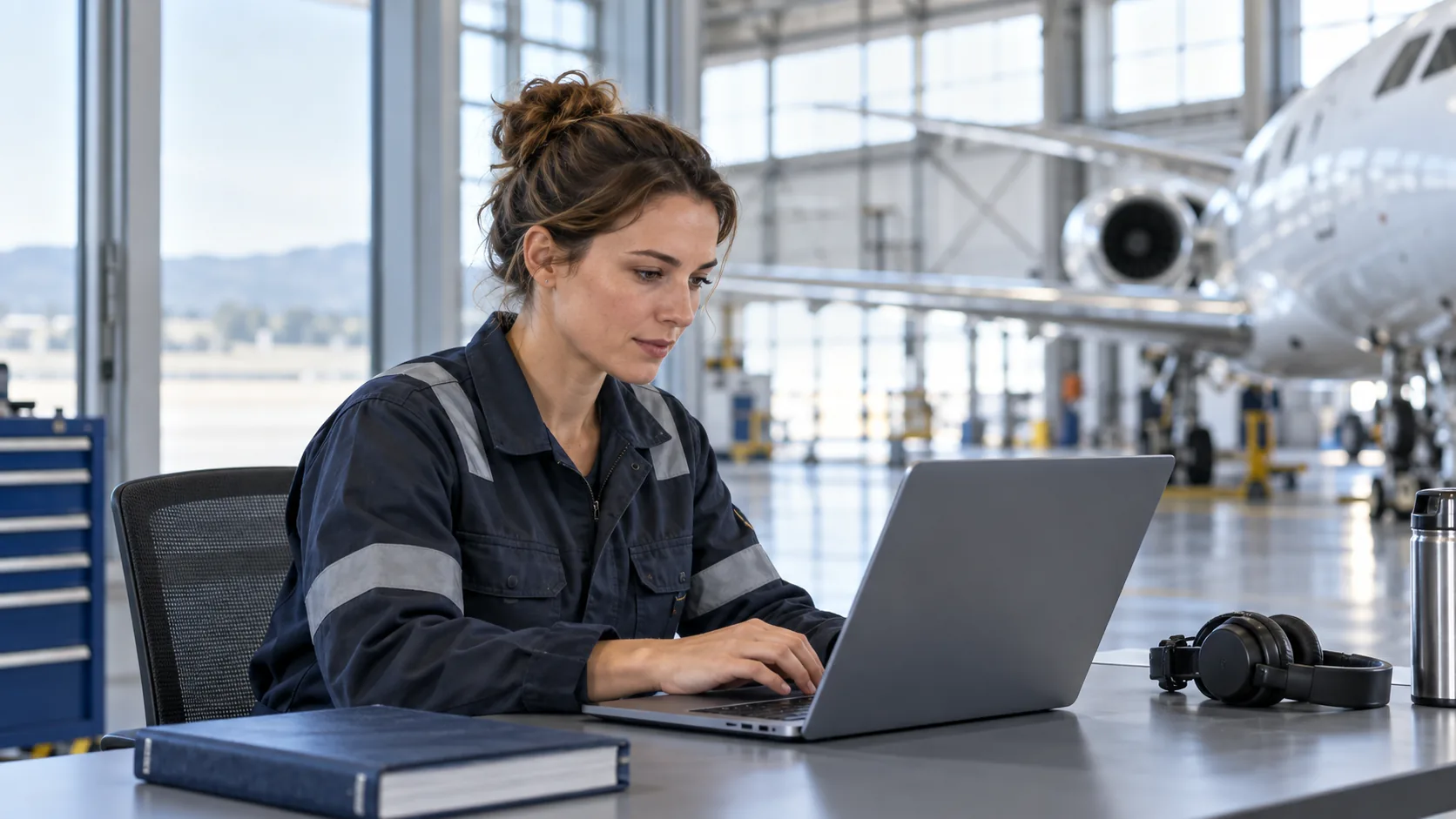 Aviation maintenance professional completing online training beside a hangar