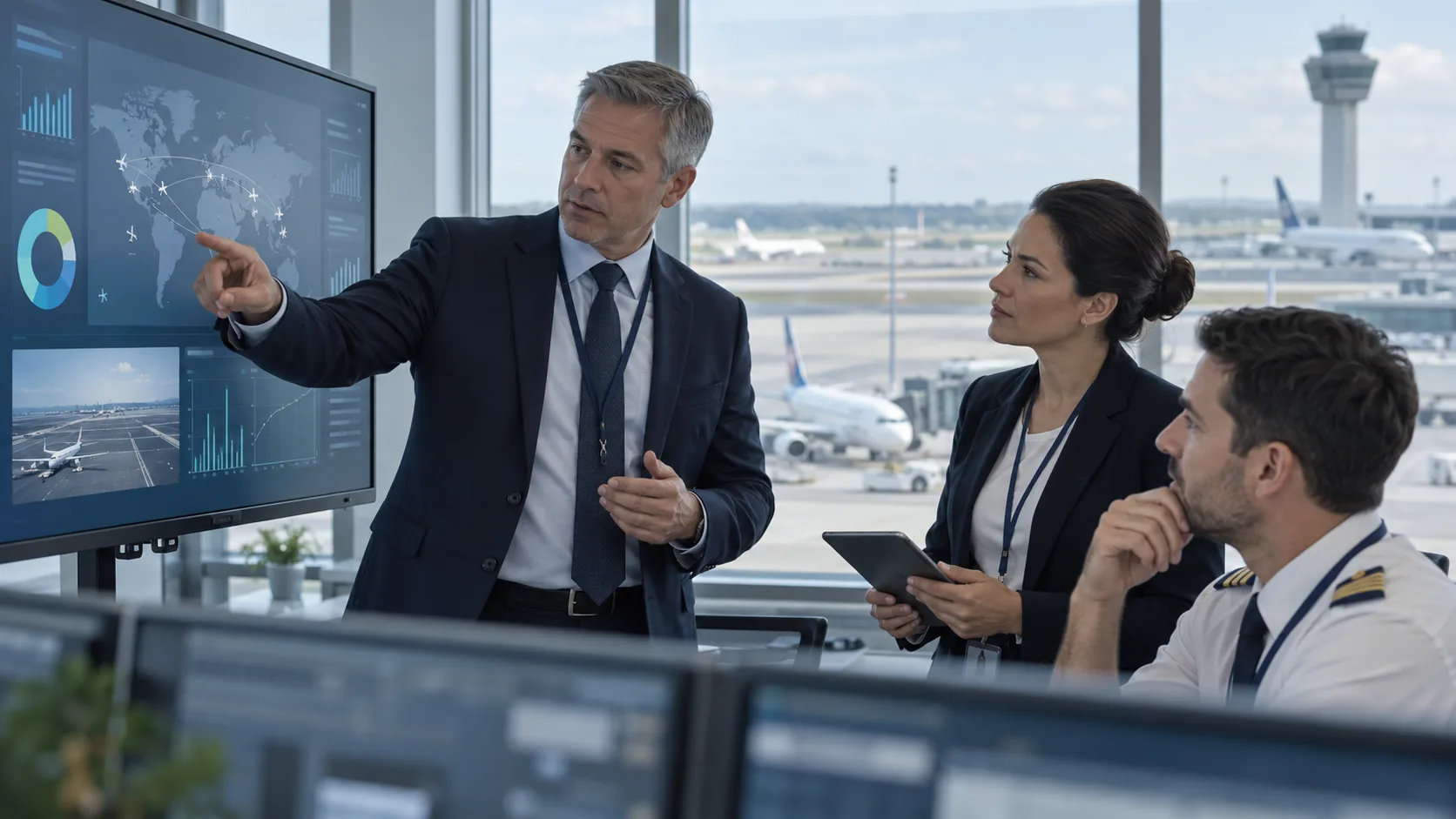 Aviation safety professionals conducting an advanced risk review in an airport operations room