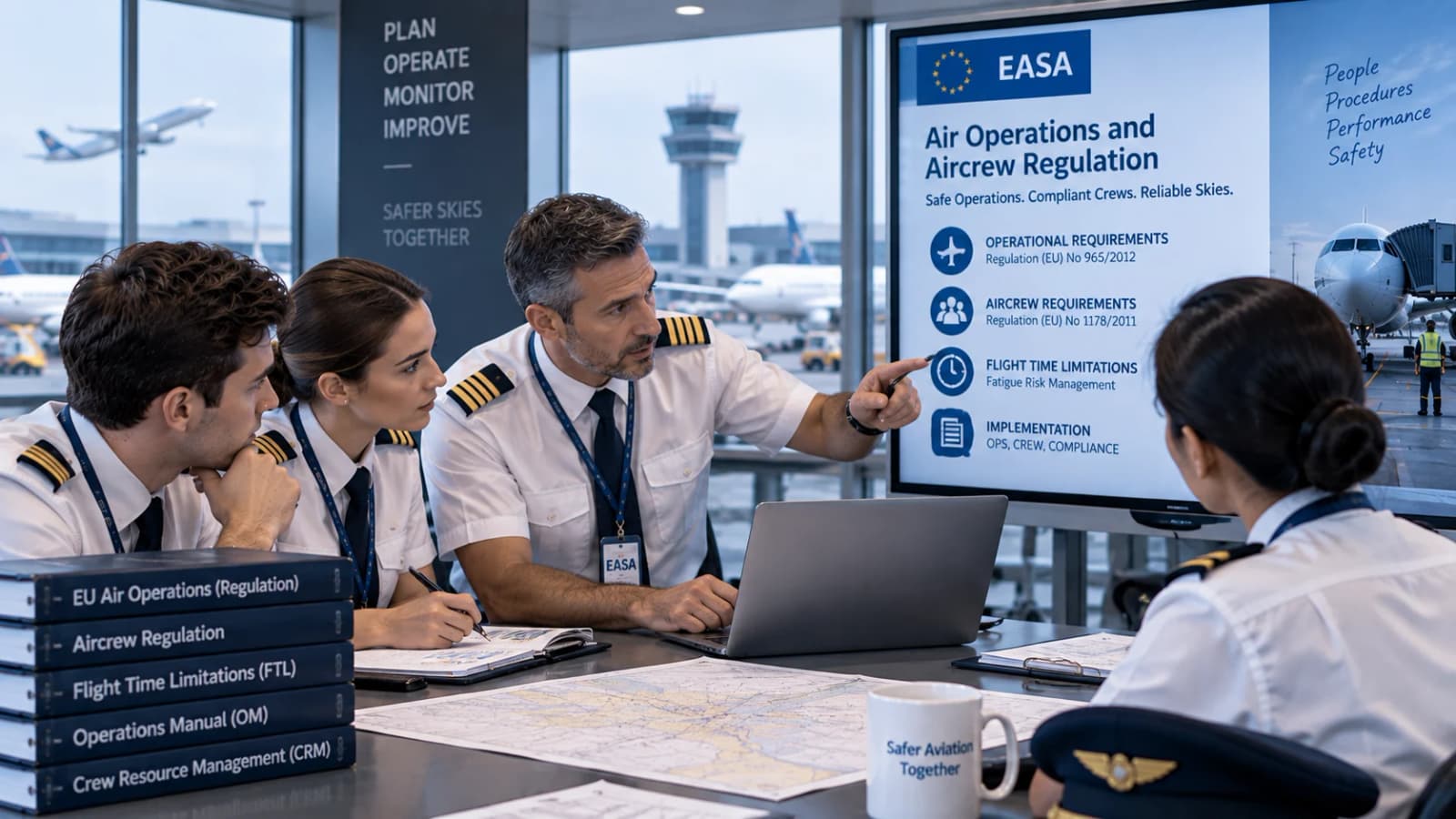 Flight operations and aircrew professionals reviewing operational and crew requirements together