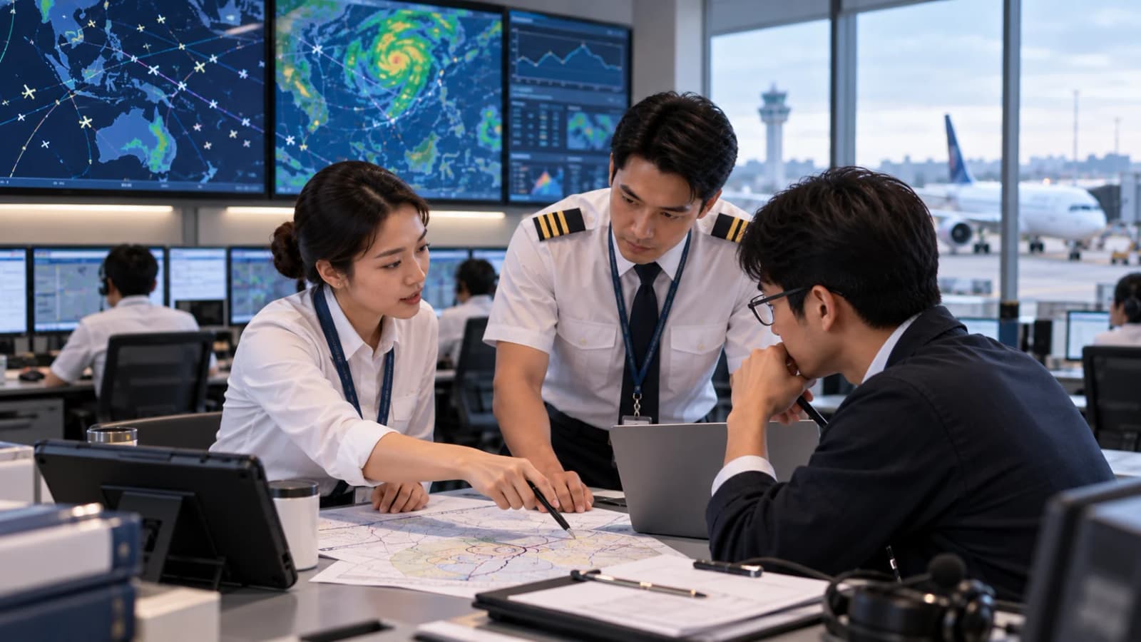 Flight dispatch professionals reviewing route, weather, and fuel-planning information in an operations centre