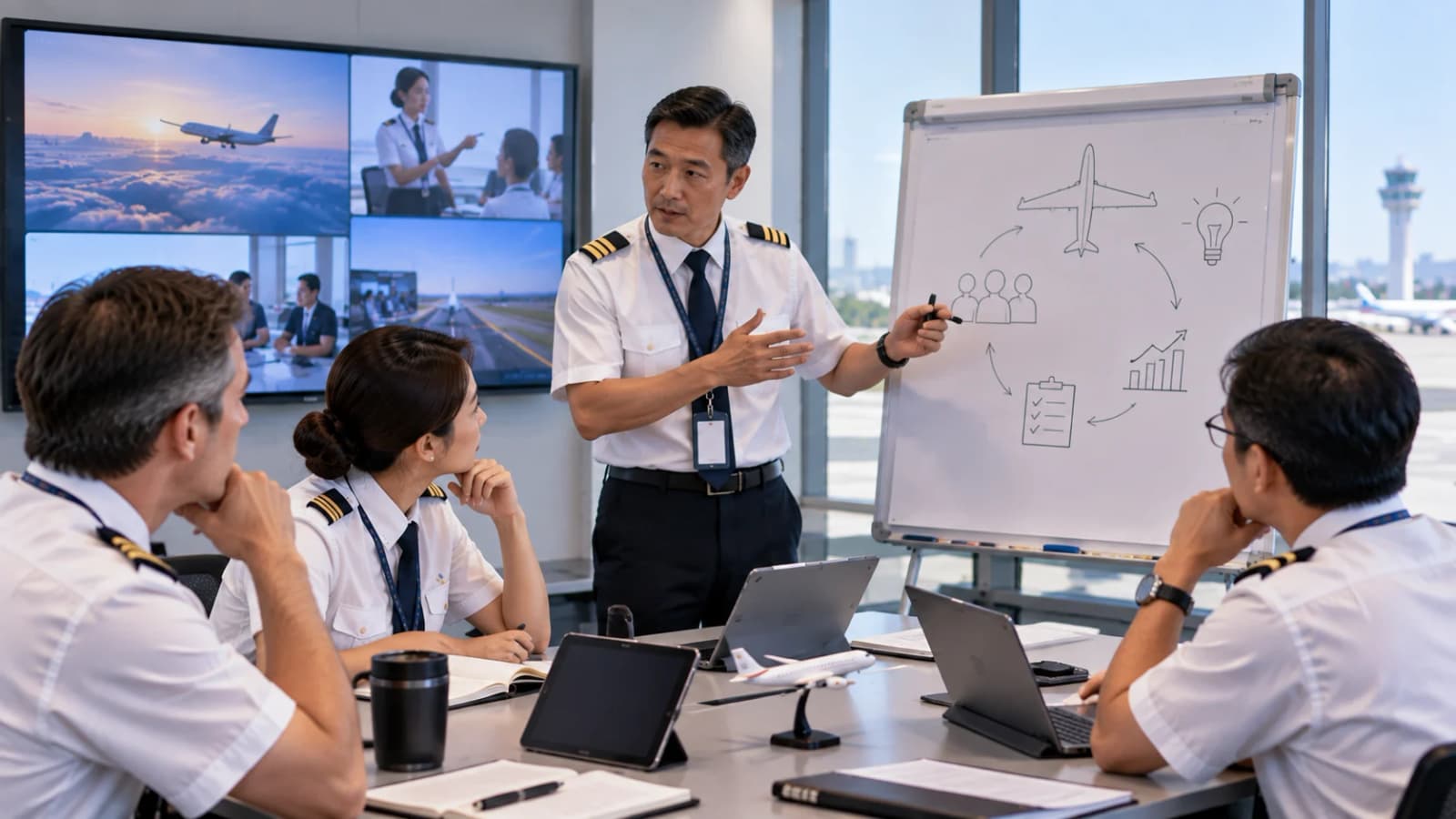 Experienced aviation instructors reviewing teaching methods, facilitation, and feedback techniques together