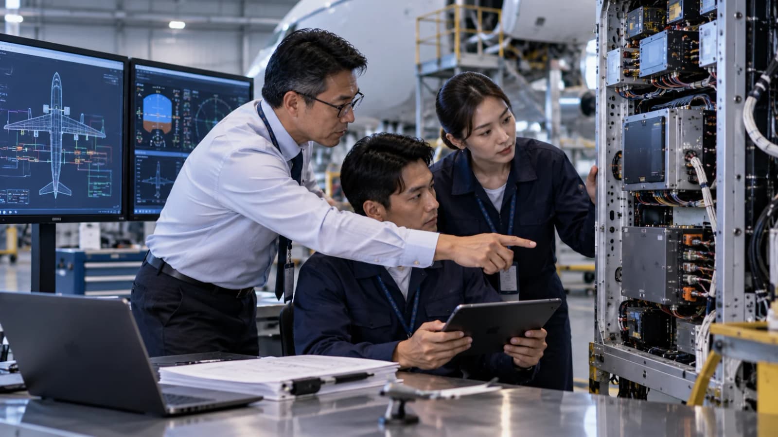 Avionics specialists reviewing aircraft electronic modules, wiring, and integrated system architecture