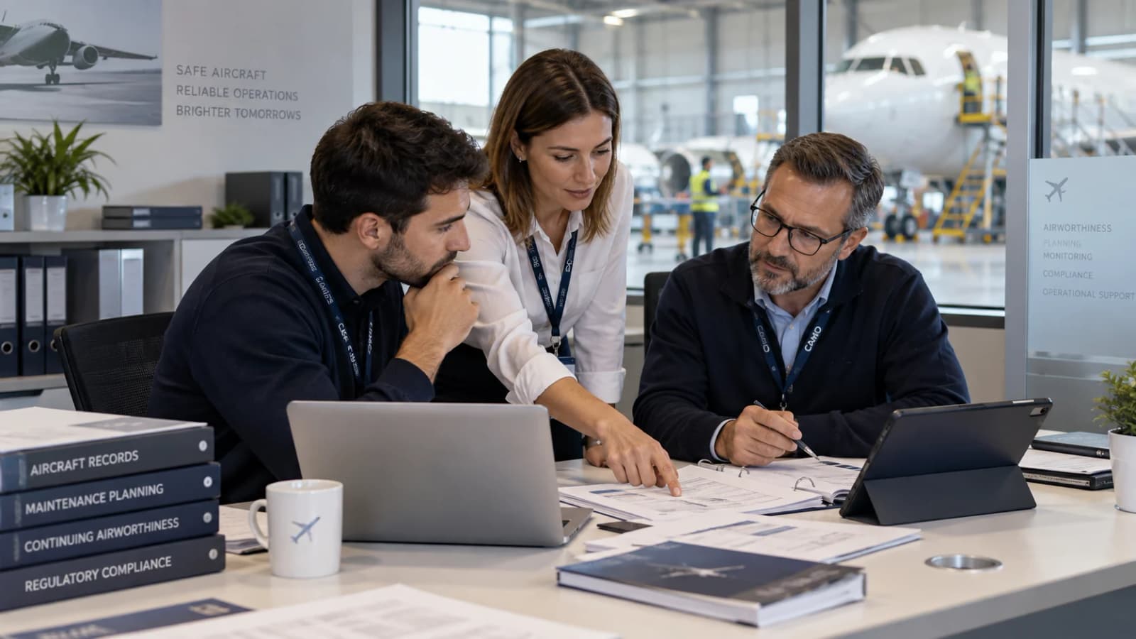 Continuing-airworthiness professionals coordinating aircraft records, maintenance planning, and airworthiness status in a hangar-side office