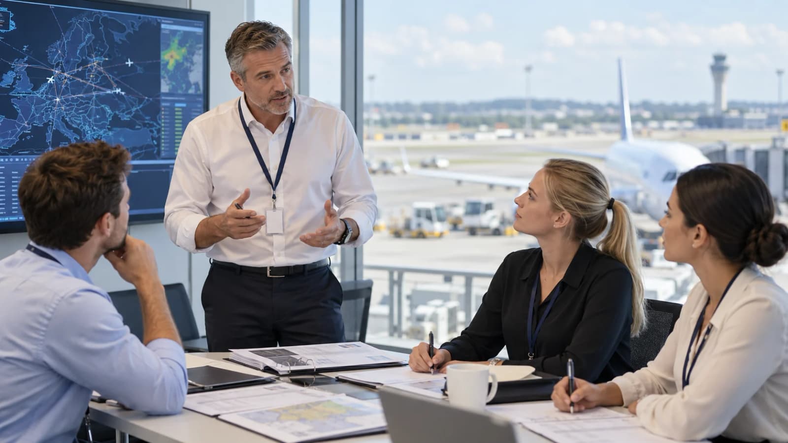 Airport operations professionals reviewing slot coordination and flight-planning information