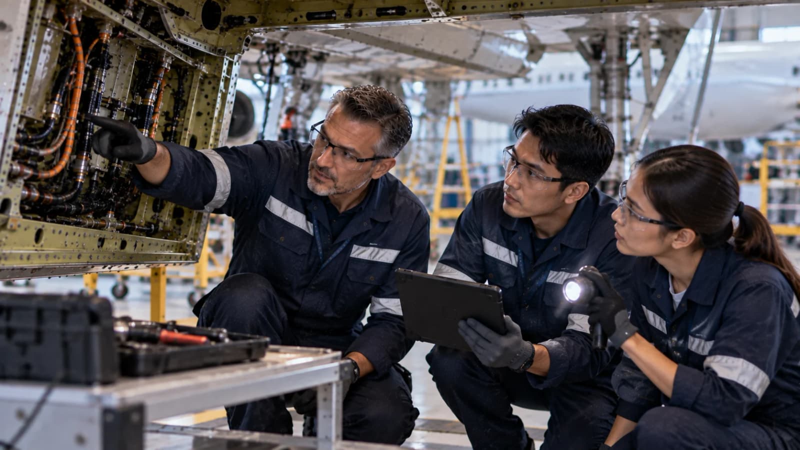Experienced aircraft maintenance professionals reviewing fuel-system and wiring areas during a recurrent technical inspection