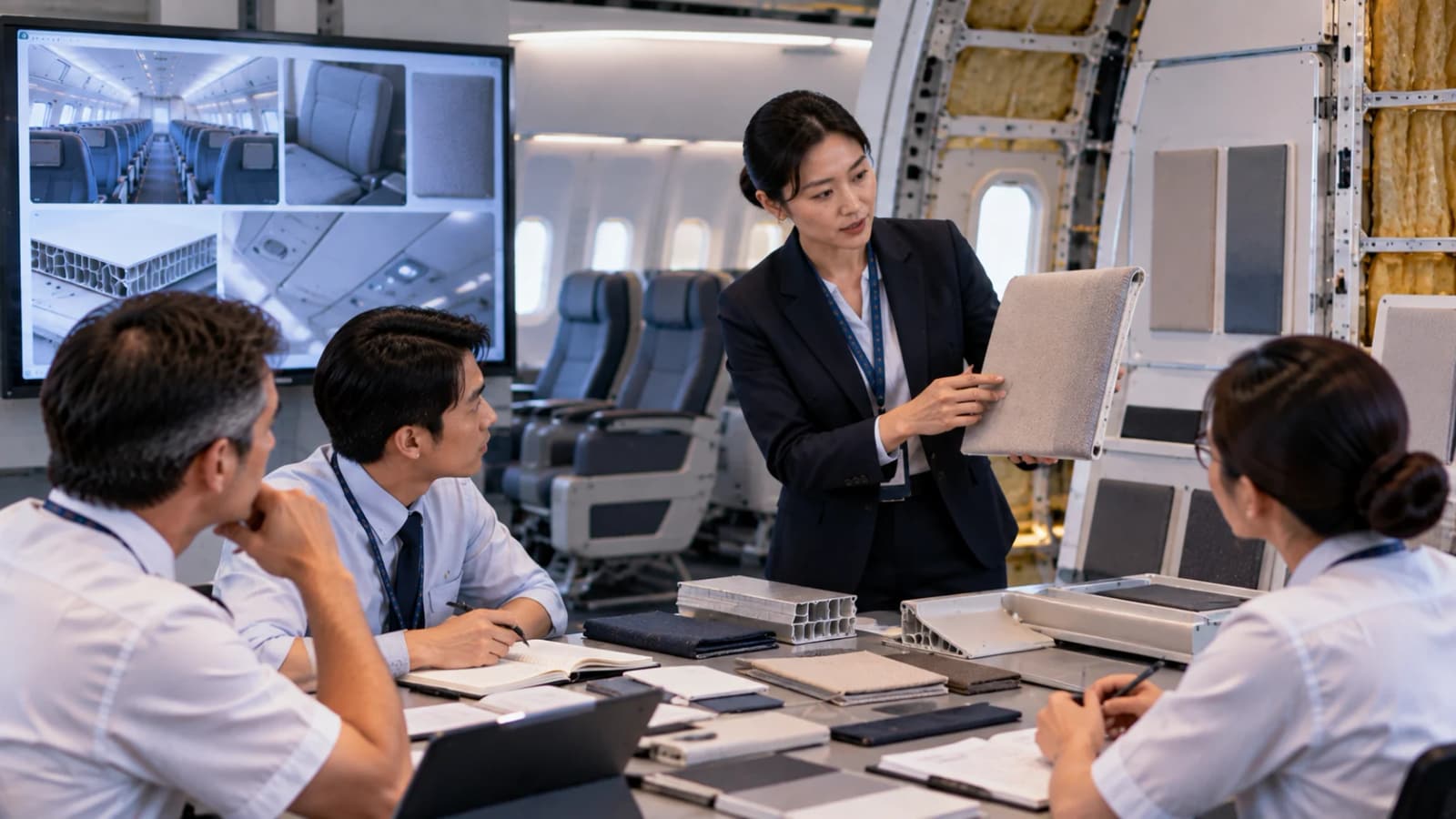 Aircraft interior certification professionals reviewing cabin materials, panels, and component samples