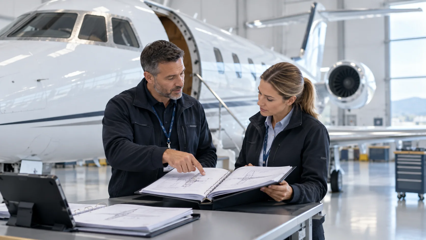 Continuing-airworthiness professionals reviewing aircraft technical documentation beside a business jet