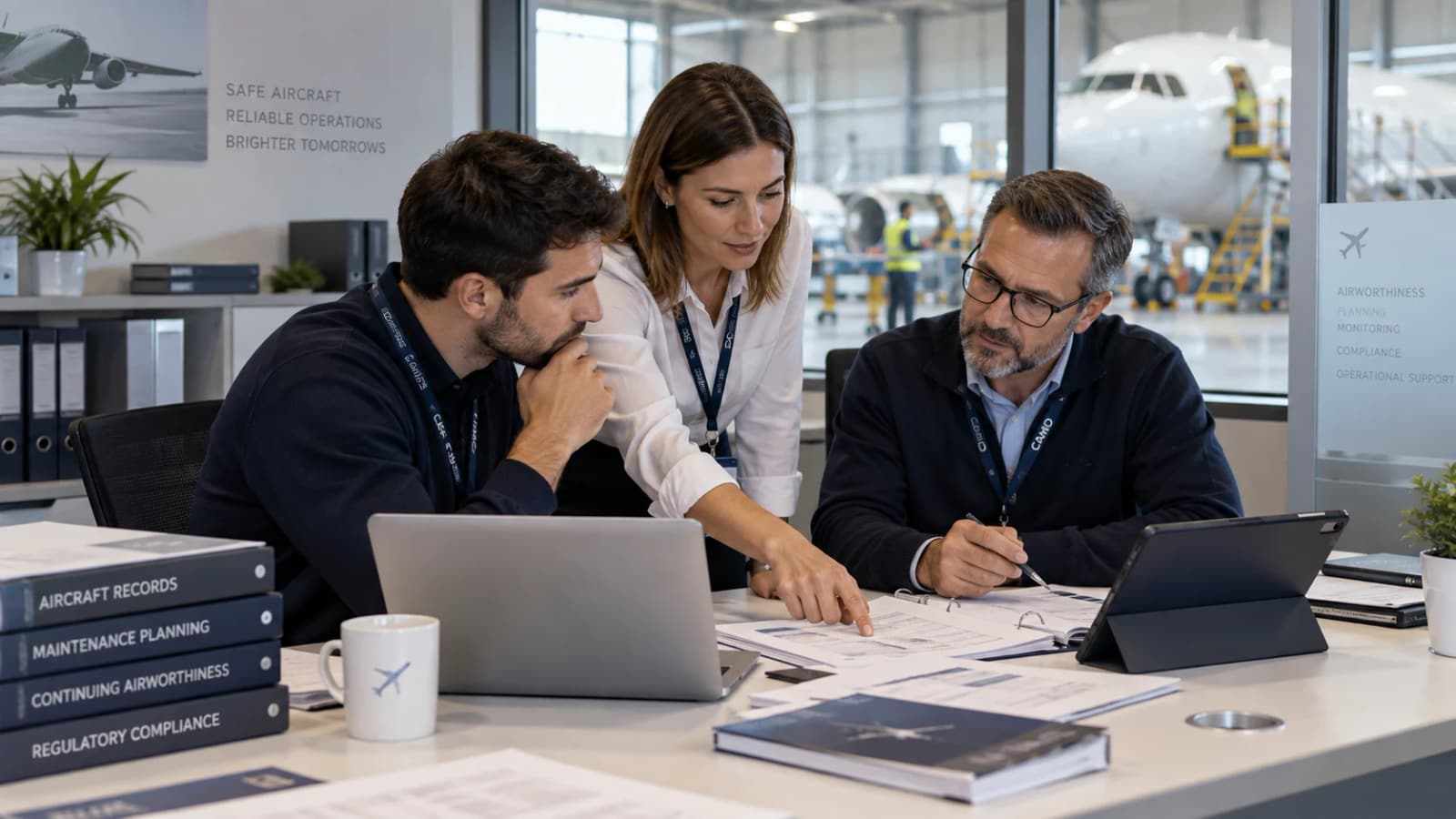 Continuing-airworthiness professionals coordinating aircraft records, maintenance planning, and airworthiness status in a hangar-side office